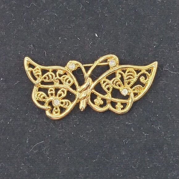 Modern Gold Tone Filigree Butterfly Brooch Pin Pendant Rhinestone Embellished - Picture 1 of 6